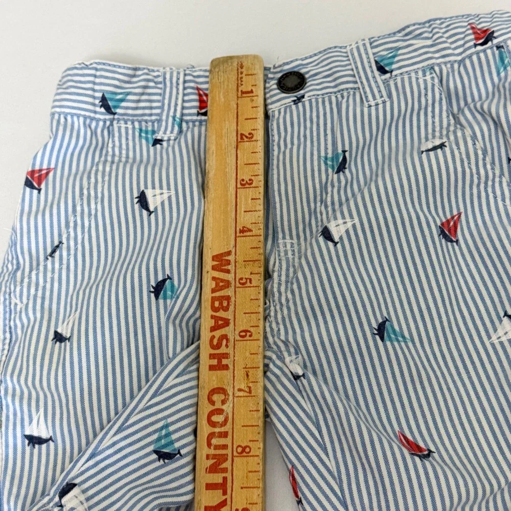 Nautica Boys 3T Blue White Striped Sailboat Print Chino Shorts Adjustable Waist